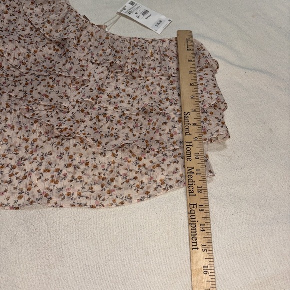 ZARA TRAFALUC COLLECTION Crop Top One Shoulder/Sleeve‎ Pink Floral Ruffle SzXS - Picture 7 of 8